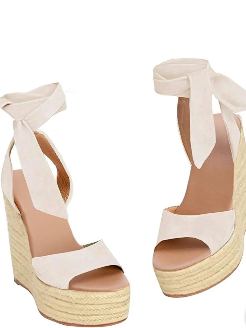 ZBY Womens Tan Faux Suede Lace Up Espadrille Wedge Sandals Size 8 Open Toe Boho